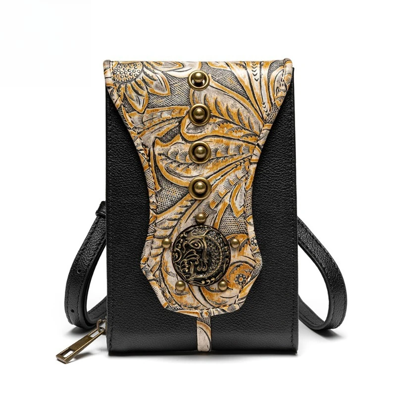 

European and American retro cowhide small square bag, one shoulder messenger bag, women's bag embossed splicing contrastin