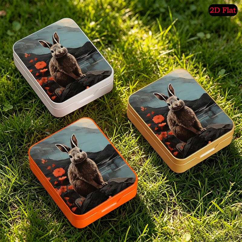 Mountain Rabbit theme Square Travel Pocket Tin Box, UV Printed Flip Top Personalized Tinplate Box, Small Object Storage
