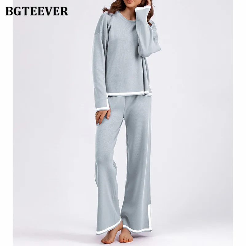 

BGTEEVER Patchwork Knitted Trousers Set Women Side Split Sweaters Wide Leg Pants Autumn Winter Sweater Pants Set Women