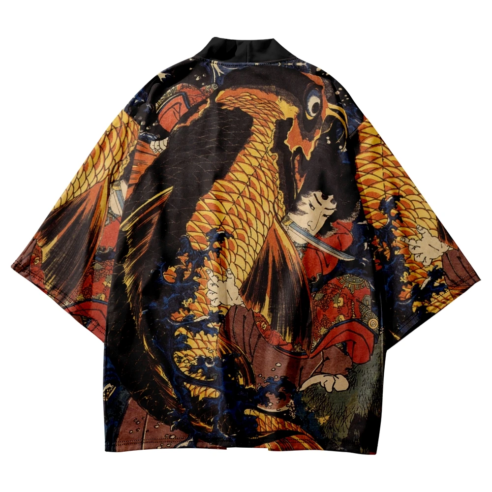 

Japanese Ukiyo-e Carp Print Traditional Kimono Women Men Yukata Cardigan Haori Oversized Streetwear Top Plus Size Dance Costumes