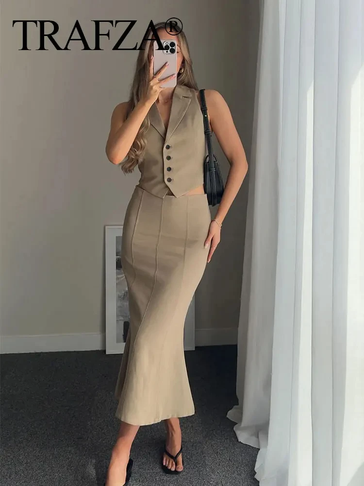 TRAFZA 2024 Women Midi Vest Skirt Sets Casual V Neck Lace Up Sleeveless Vests+ High Waist Solid Fishtail Skirt 2 Pieces Suits