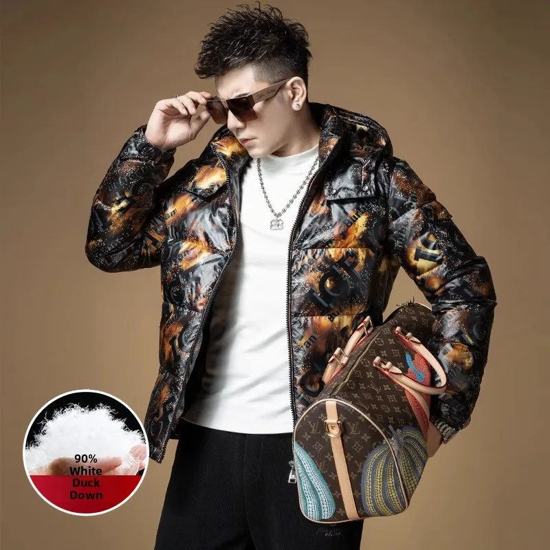 

Trendy European Style Men's Hooded down Jacket White Duck Feather Thickened Warmth Youthful Popular Regular Length Outerwear