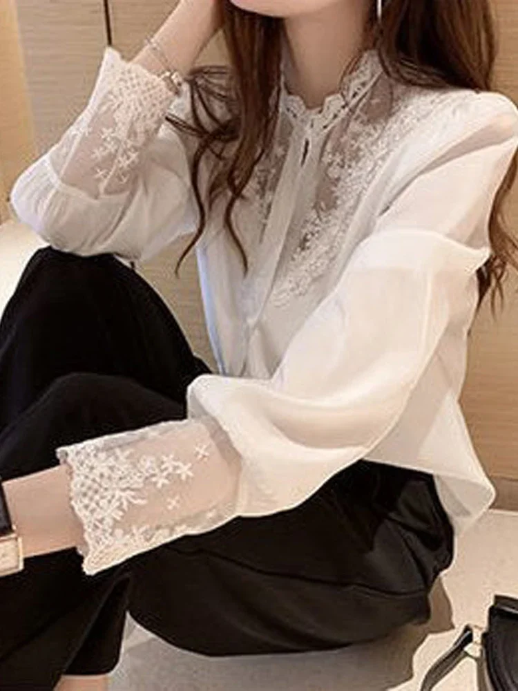 Black Lace Patchwork Shirt Women Autumn Long Sleeve Single Breasted Blouse Elegant Office Ladies Korean Fashion Slim Blusa Mujer