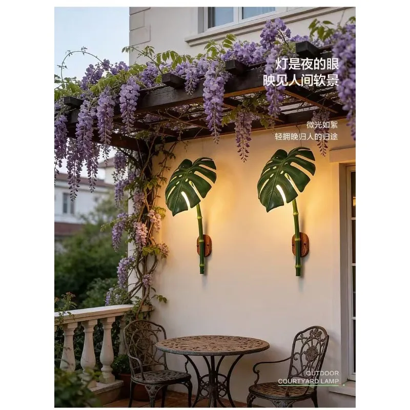 Vintage Tropical Simulation Monstera Resin Metal Waterproof LED Wall Light Outdoor Garden Villa Corridor Balcony Patio Decor New