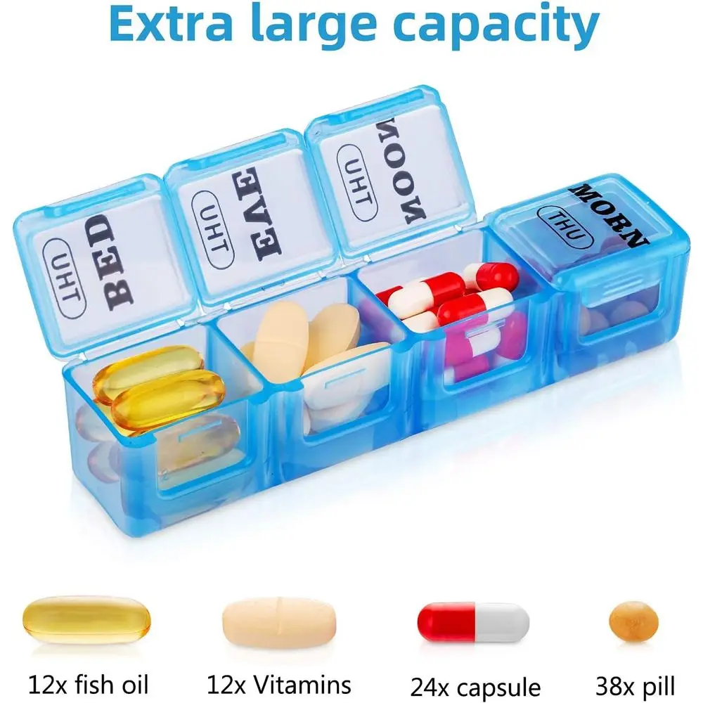 7-Day Large Pill Organizer with 4 Daily Compartments, Monthly Medication Dispenser for 28 Days, Vitamin and Supplement Holder
