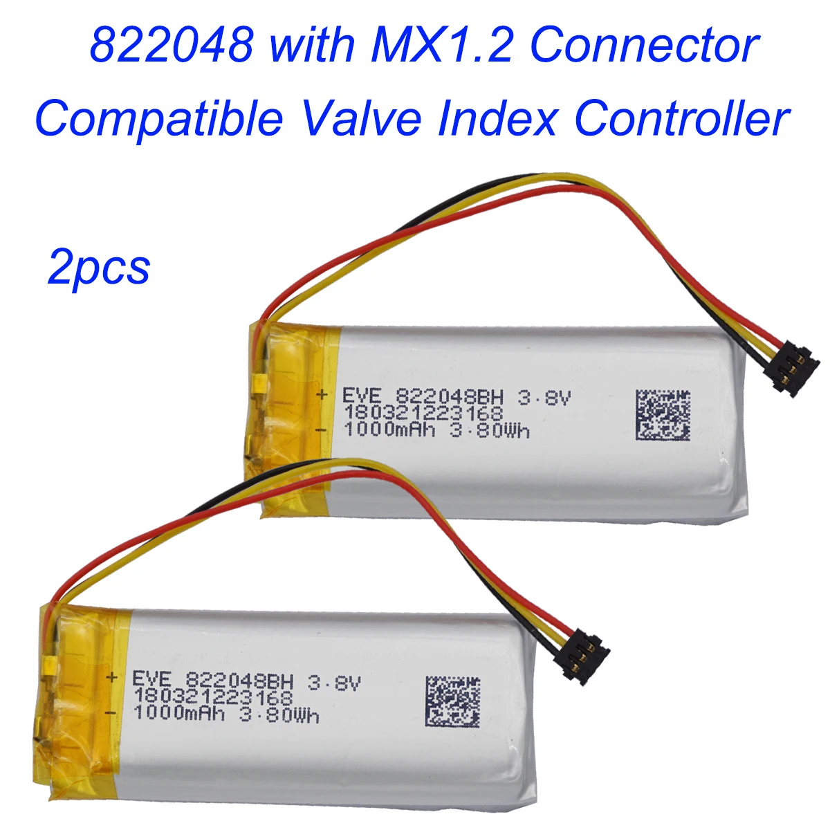 Lot de 2 thermistances 3.8V, 1000mAh, 822048, 3 fils, batterie Li Lipo polymère, 3 broches, connecteur MX1.2, compatible avec le contrôleur d'index de assujet