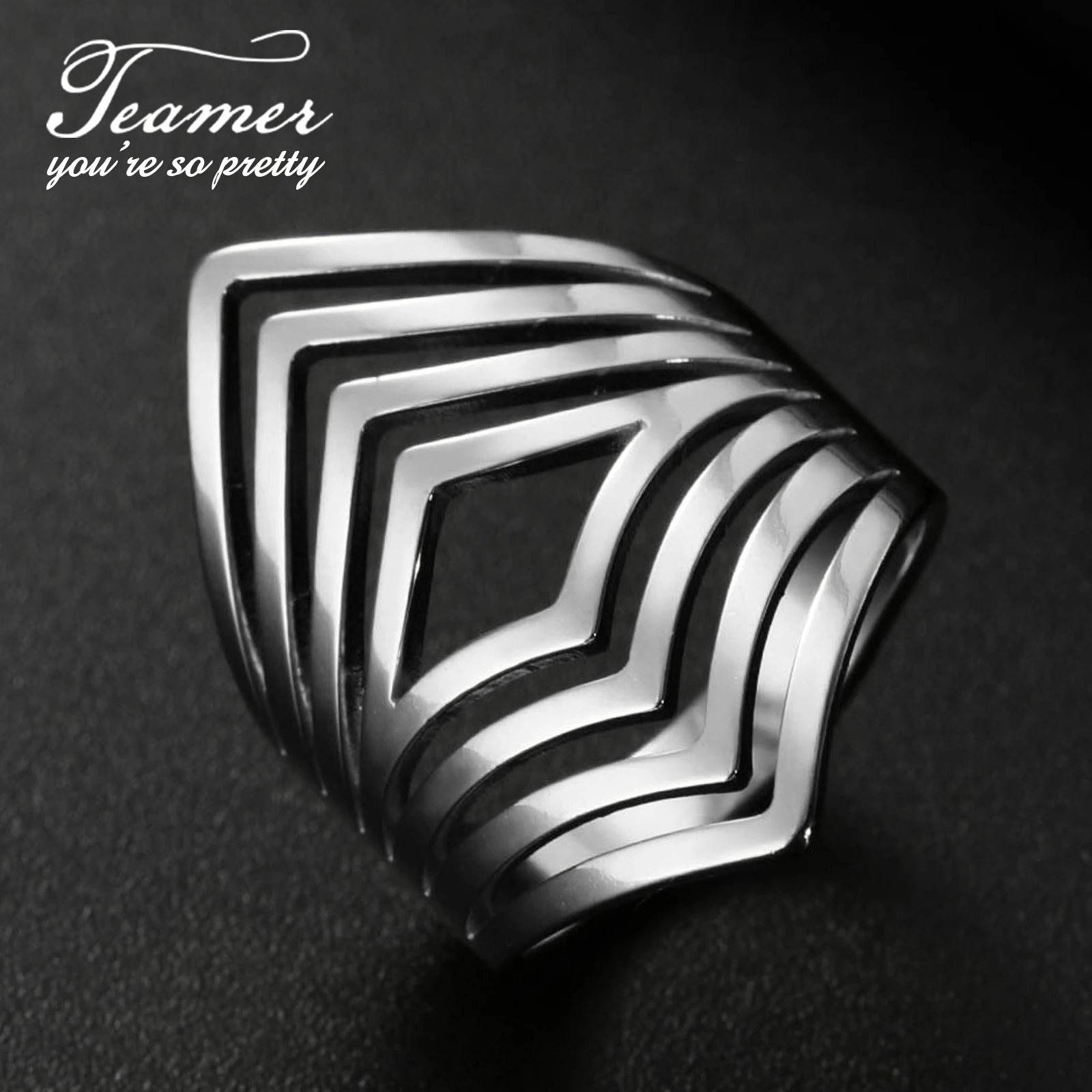 Teamer Wide Vintage Geometric Stainless Steel Ring Hollow Finger Ring Female Girls Aesthetic Jewelry Gift Engagement Wholesale