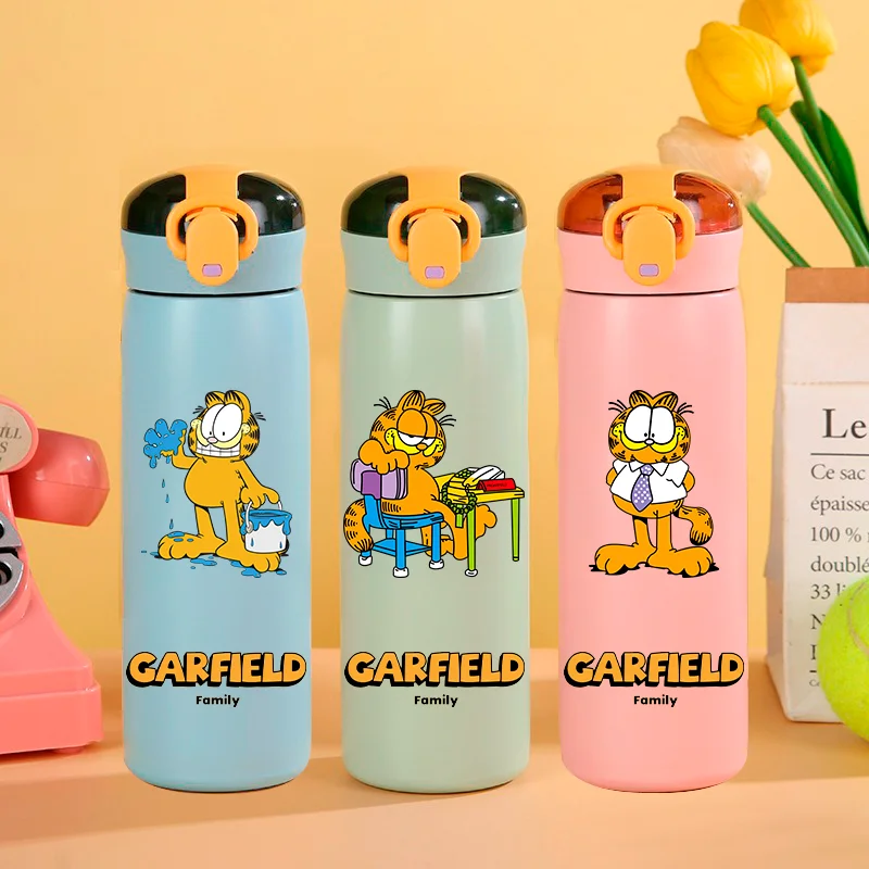 460ML Garfield Cartoon Stainless Steel Insulated Cup Portable Straw Sports Water Bottle Student Outdoor Leak Proof Water Bottle