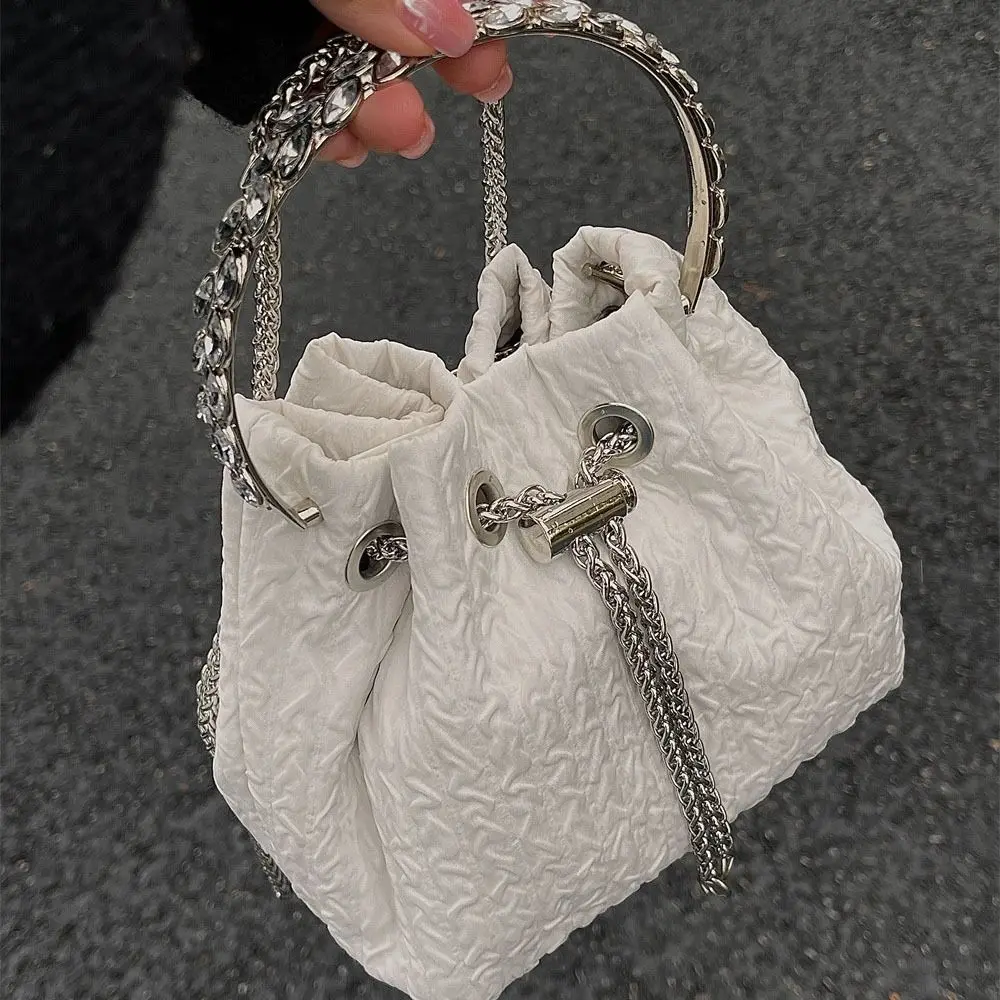 Korean Diamond Handle Handbag Simple Fashion Shoulder Pouch Drawstring Bucket Bag Sweet Chain Crossbody Bag