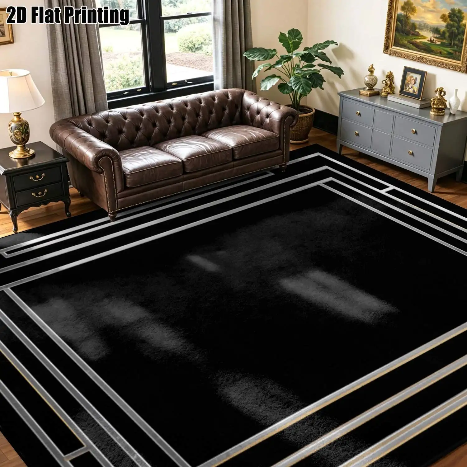 1Pc 2D Printed Carpet: Black Base, Silver Edges, Geometric Lines Nordic/Modern Minimalist/European Style, Perfect Home Decor, Multi-Size, Machine Washable, for Entryway, Dining Room, Foyer, Bedroom, Living Room.