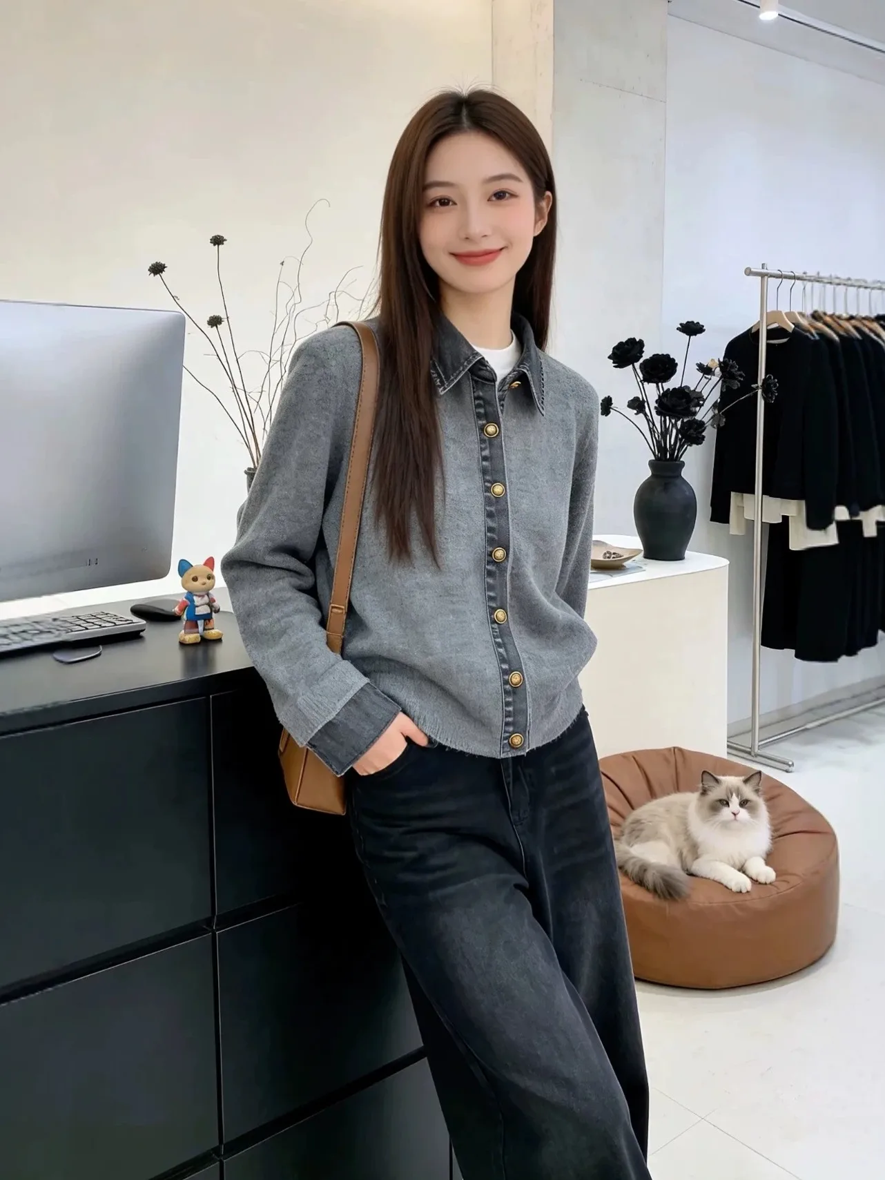 

Faionable Patchwork Knitted Denim Sweater Coat for Women plus Size Winter Casual Sle Warmth Comfortable Breathable irt