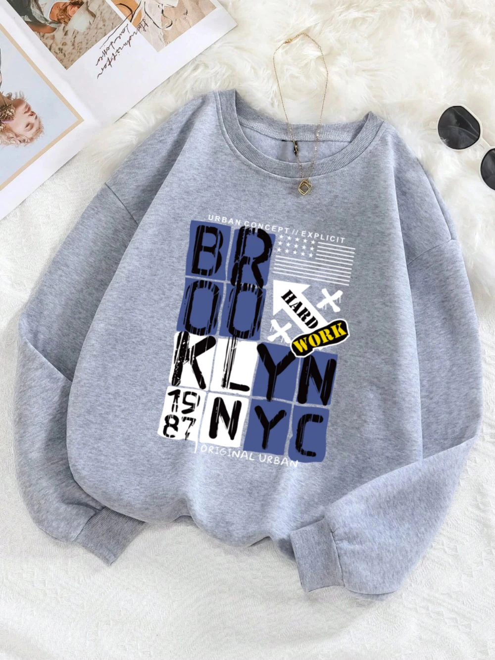 Brooklyn 1987 Nyc Sweatshirt Womens Letter Printing Hoodies Crewneck Loose Fleece Warm Tops Winter Comfortable Woman Clothes