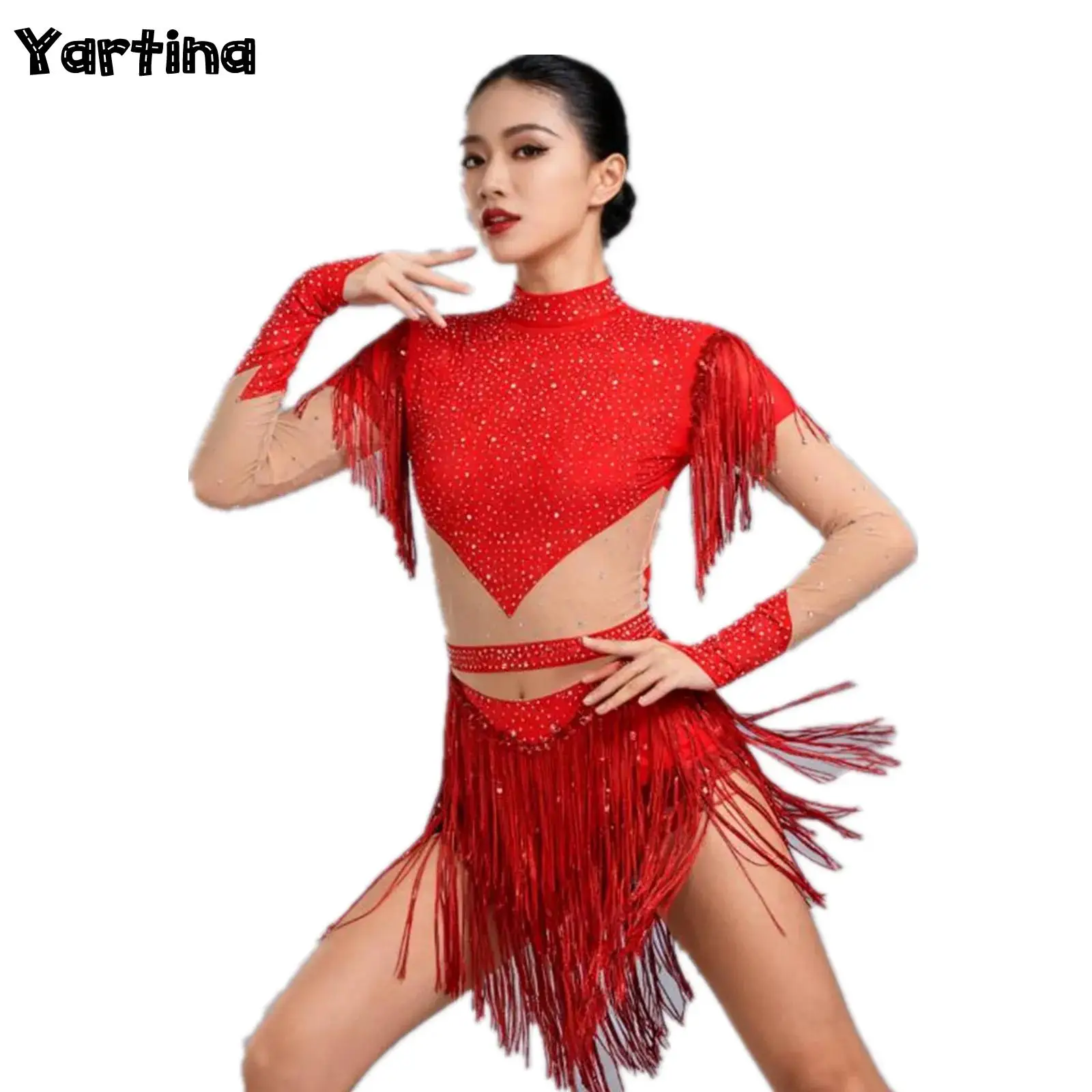 

Womens Rhinestone Gymnastics Figure Skating Latin Chacha Dance Costume Sequin Tassel Openable Crotch Back Zip Leotard Jumpsuit