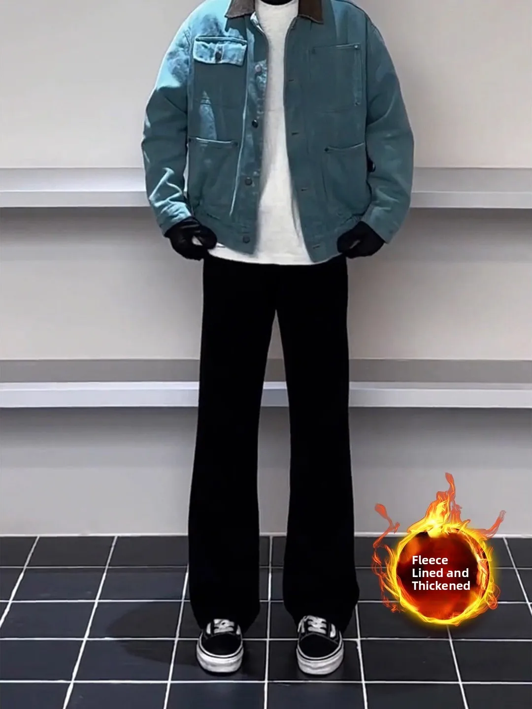 

Bla Fce Lined Men's Jeans Cleanfit Straight Leg Micro Flared Non Fitting Comfortable Wear for Autumn Winter Street Sle