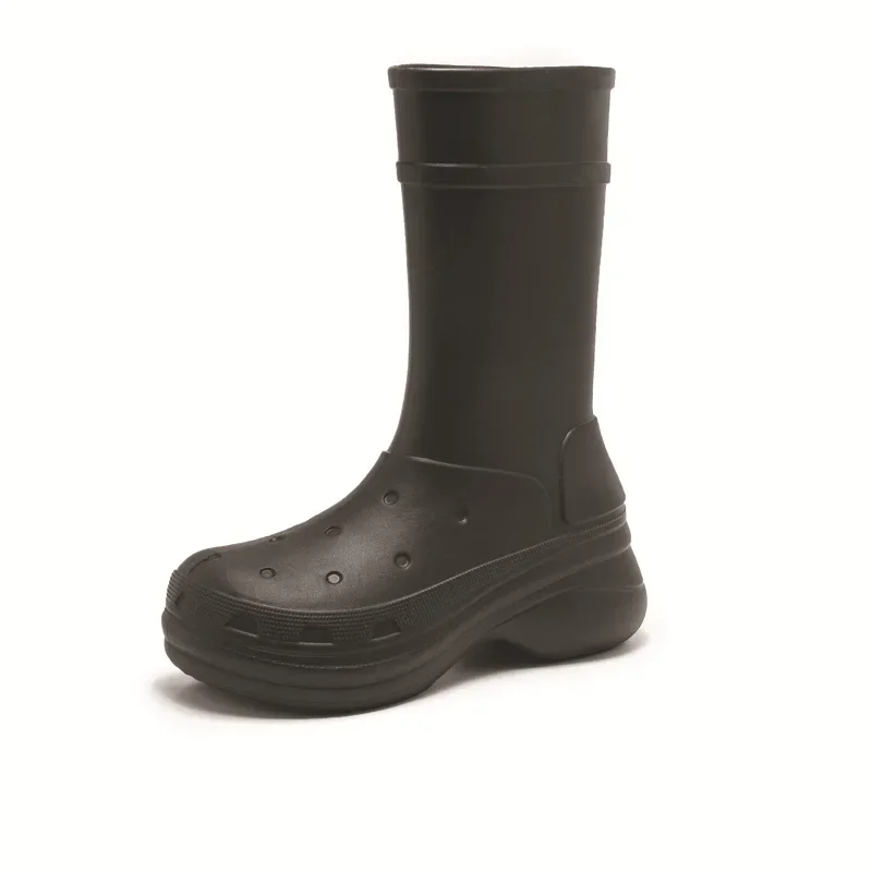 أحذية الثلوج النسائية عالية الركبة سهلة الارتداء لجميع المواسم - أحذية المطر الشتوية المعزولة الحرارية المقاومة للماء، لون خالص دافئ بدون خياطة