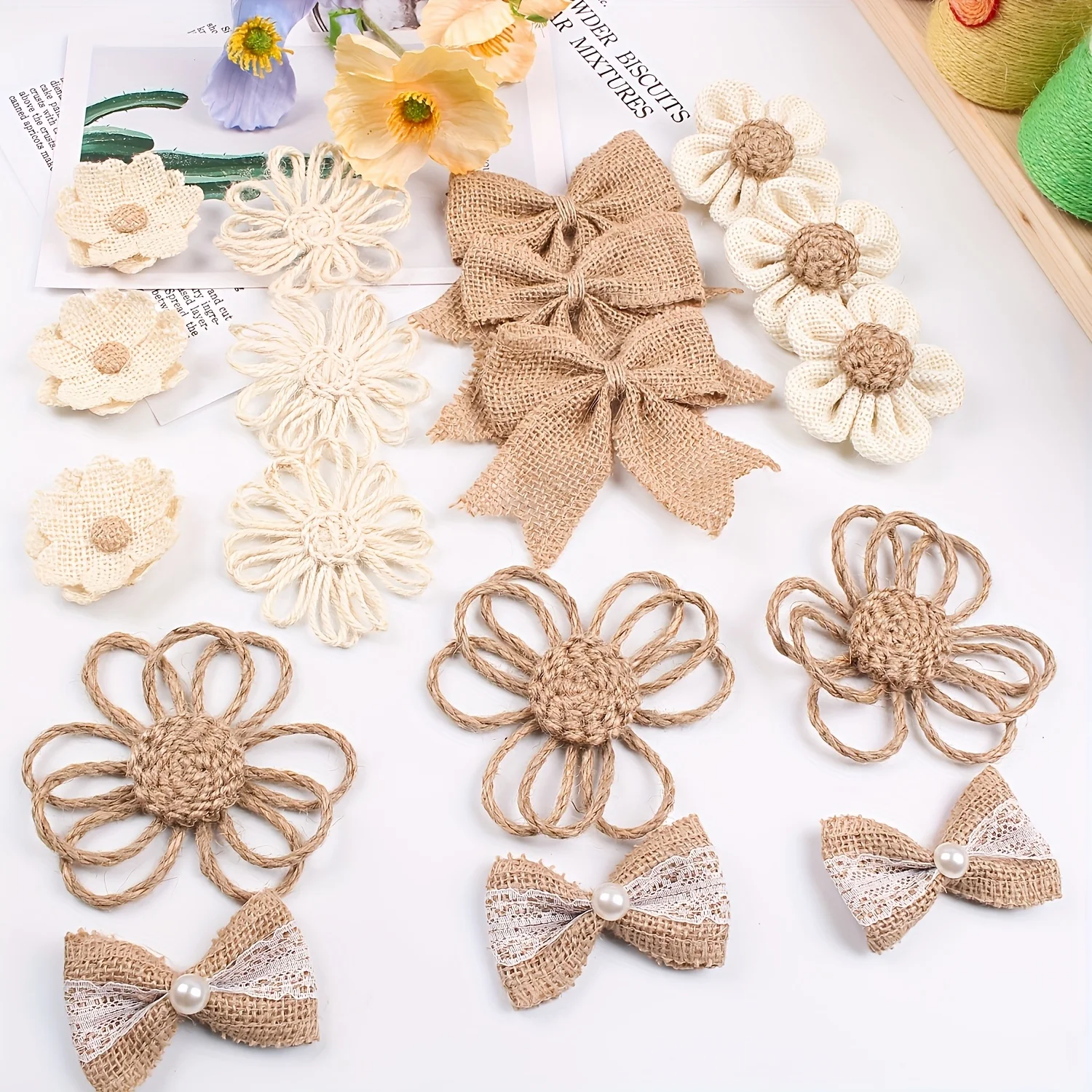 6 Stück gemischte Farben-Leinenbandblumen – DIY handgefertigte Schleife zum Verpacken von Geschenken, Kleidung, Schuhen, Hüten, Accessoires, Weihnachten