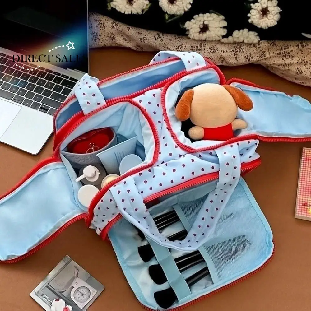 Bolsa cosmética com design multibolso, dupla face aberta, alça confortável, bolsa de higiene pessoal para viagem, fácil acesso, separada, seca e molhada