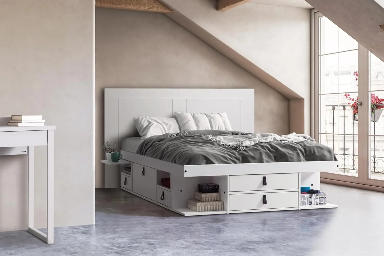 Bali Slim Set: Storage Platform Bed with Drawers + Flat Panel Headboard (Queen Size, White Wood)