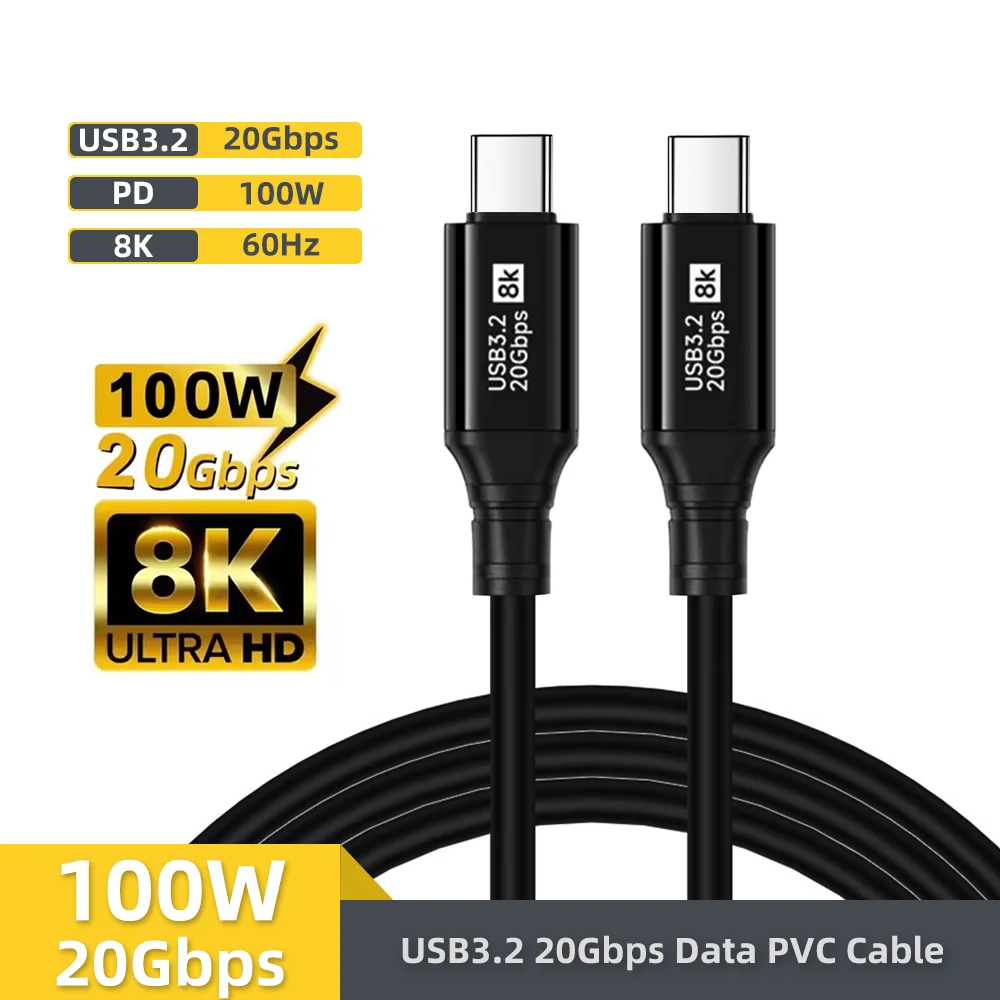 100W 5A USB C to C PD Fast Charging 20Gbps Cable USB3.2 Gen2x2 8K 4K Video Output Cord for Laptop Tablet Mobile Phone Hard Drive