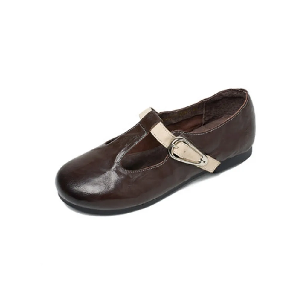Vintage Leather T-Strap Mary Jane Shoes Women Two Tone Buckle Strap Round Toe Casual Retro Cottagecore Ladies Flat Shoes