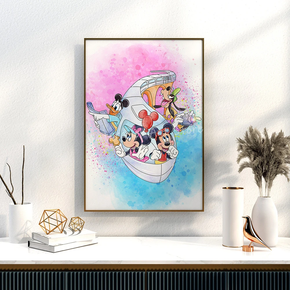 Disney Mickey & Friends Monorail Watercolor Art Poster Mickey Wall Art Canvas Painting Prints Monorail Ride Art Bedroom Decor