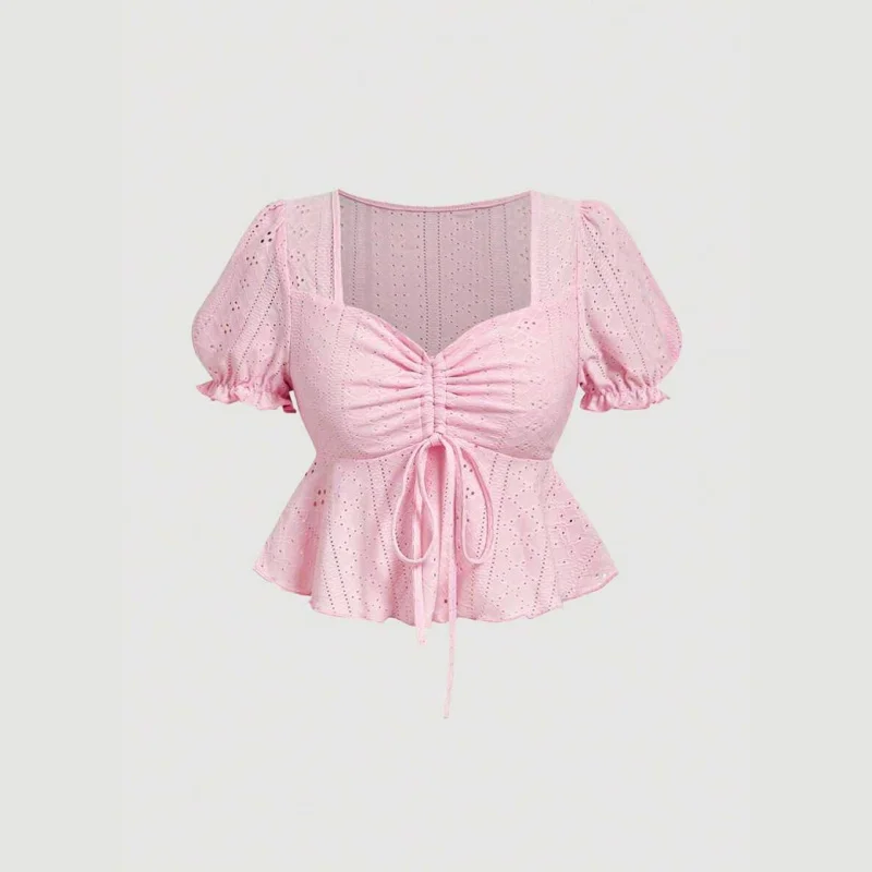 

Женский летний сладкий розовый текстурированный вязаный укороченный топ с объемными рукавами на талии, элегантная модная мини-блузка на шнуровке с квадратным вырезом