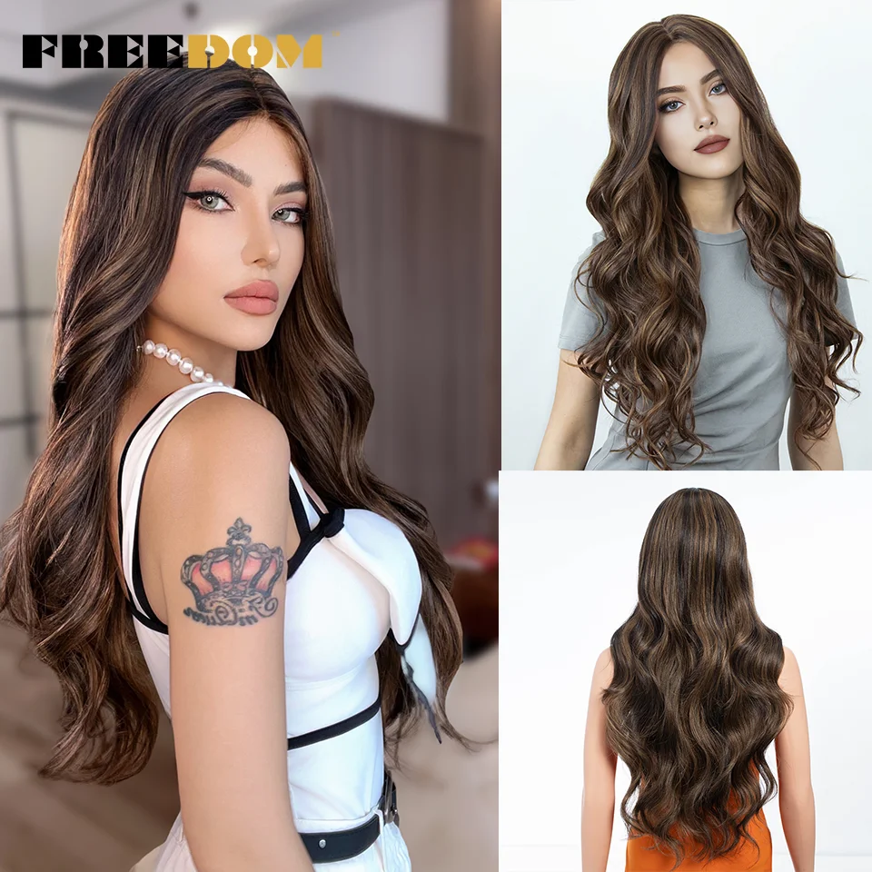 FREEDOM Body Wave Synthetic Lace Front Wigs For Women 30 inch Long Lace Wigs Ombre Blonde Brown Highlight Color Cosplay Wigs