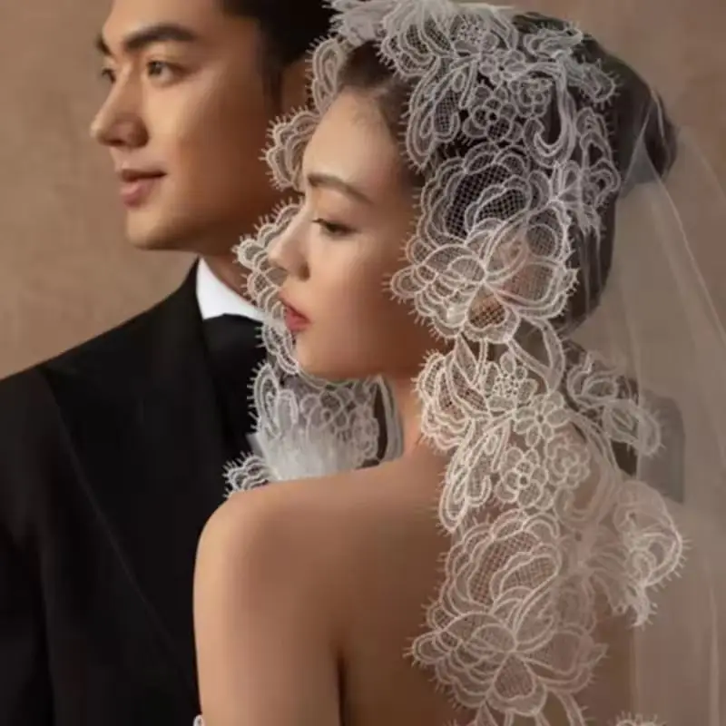 حجاب العروس الرومانسي دانتيل كامل فاخر 2026 إكسسوارات زفاف كاتدرائية جديدة حجاب أبيض طويل حجاب مصنوع حسب الطلب #3