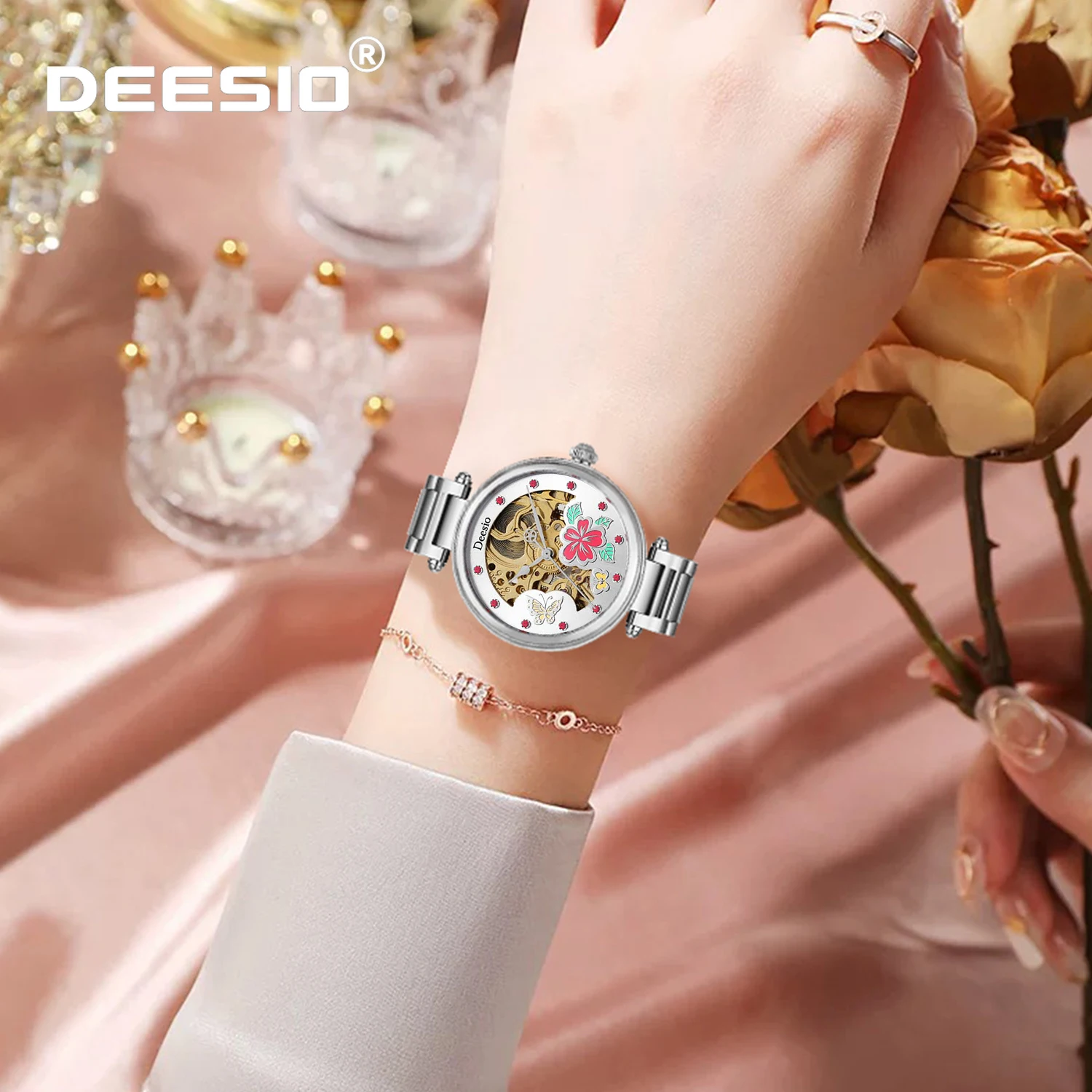 

Deesio Ladies' Mechanical Elegant Classic Watch, Stainless Steel Band,5Bar Waterproof, Butterfly Floral Design, Crystal Markers