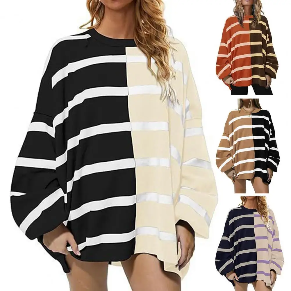 Striped Sweatshirt Colorblock Striped Oversized Sweatshirt for Women Knitted Mid Length Pullover Top Wear for Fall Spring