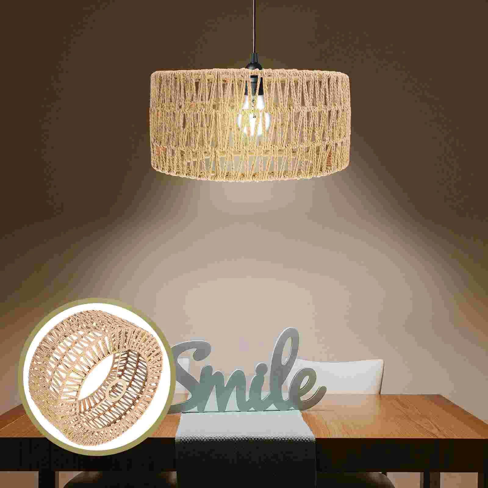Braided Straw Rope Lampshade Rattan Ceiling Pendant Light Covers Lantern Bohemian Decor Fixture for Weaving Hanging Spider