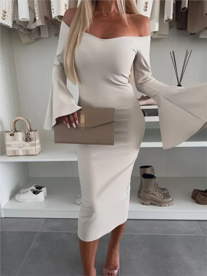 

New Spring Summer Solid Color Fashion One Piece Neck Sexy Off Shoulder Slimming Bag Horn Sleeve Dress For Women