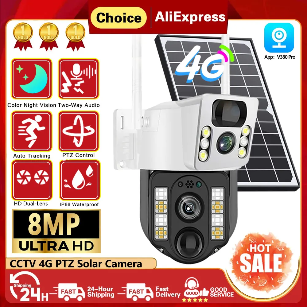 

4K 8MP 4G Sim Card Dual Lens PTZ Solar Camera Dual Screens PIR Human Tracking Outdoor Security CCTV Surveillance IP Camera V380