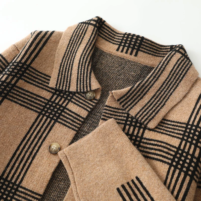 Autumn And Winter New 100% Pure Wool Cardigan Men's Plaid Coat Loose Coat Polo Lapel Sweater