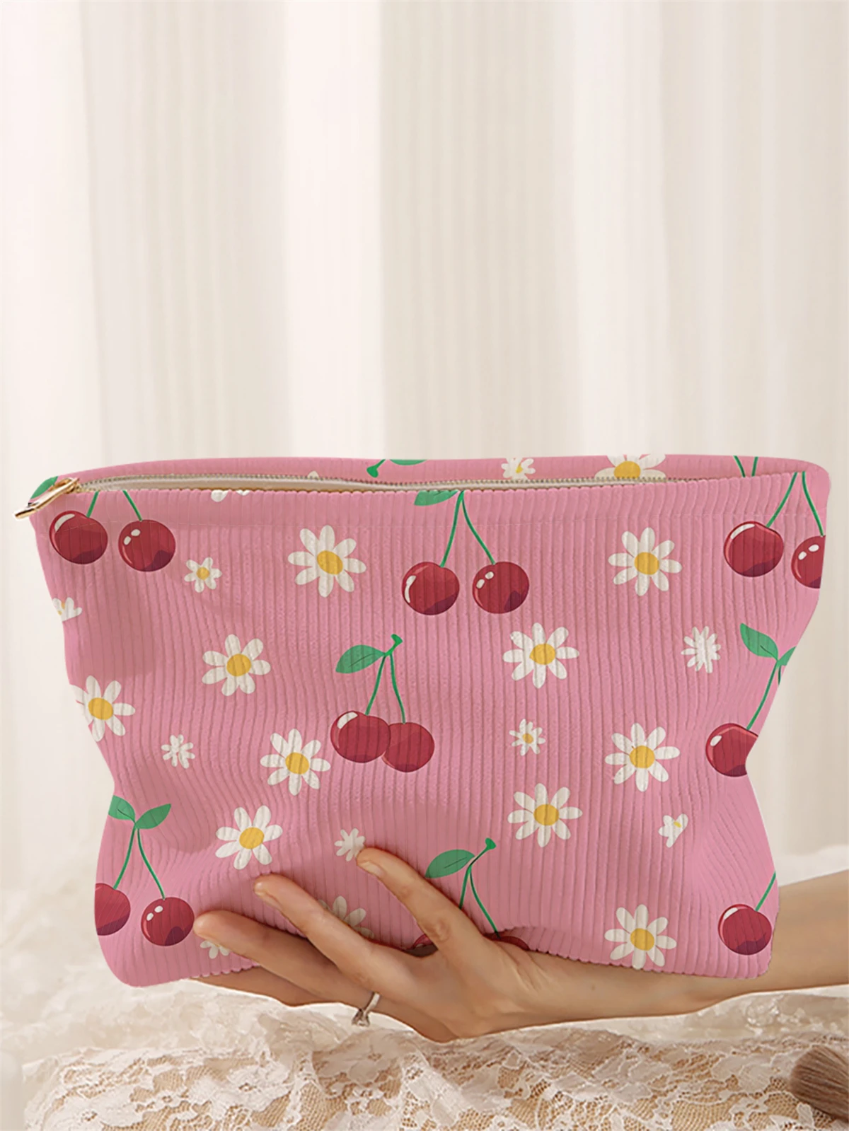 1 cherry patterned corduroy makeup bag, lightweight zipper makeup storage box, multifunctional bag with lining