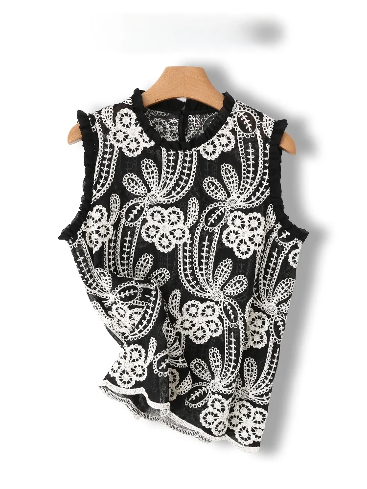 

Lightweight Comfortable P-Brand Fabric High-End Chiffon Sleeveless Vest Heavy Embroidery Lace See-through Summer Top Women's ...