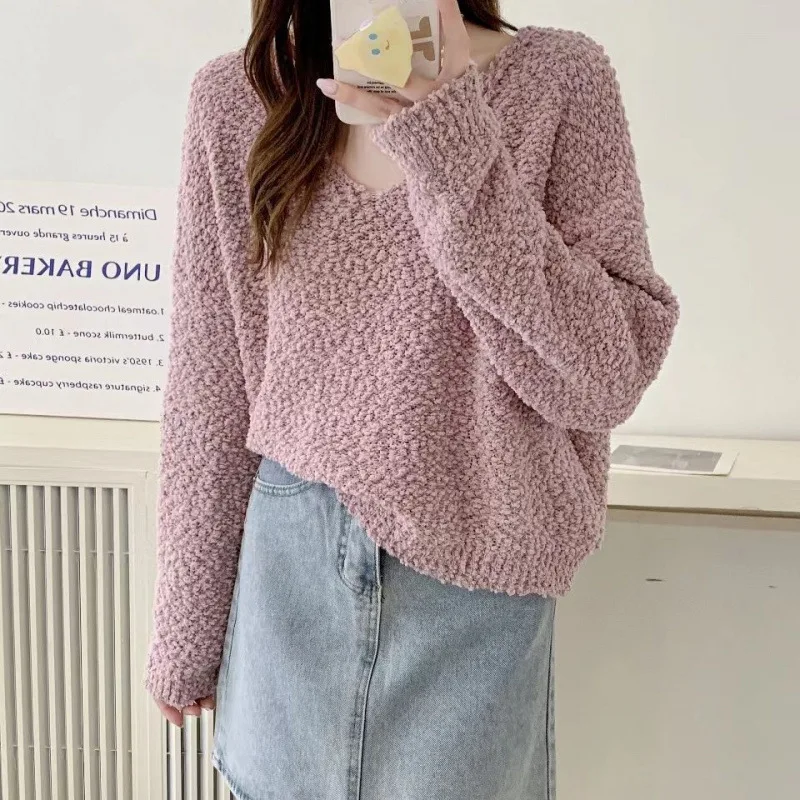 Lazy Style Loose V-Neck Plush Pullovers Women Autumn Winter Y2K Solid Color Cropped Sweater Korean Retro Soft Knitting Jumpers