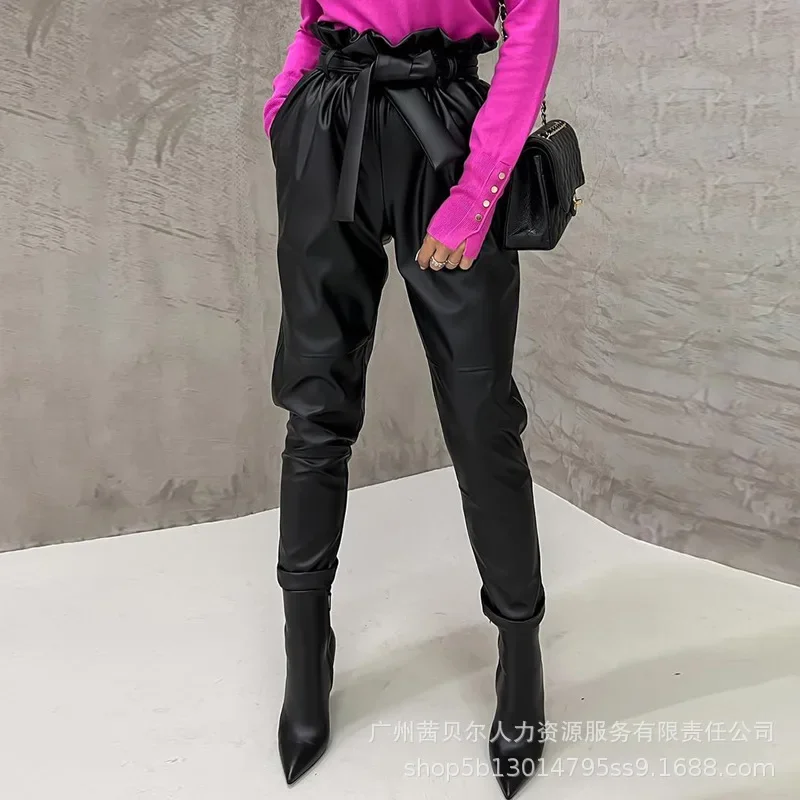 

Women Streetwear Casual Pencil Pants Black Lace High Waist Trousers with Belt Solid Color Fashion Capris Pockets Trousers