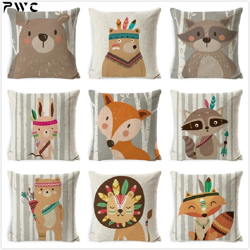 

Tribe Woodland Animal Cushion Cover Bear Fox Print Linen Pillow Case Decorative For Chair Sofa Home Decor Throw Pillowcase