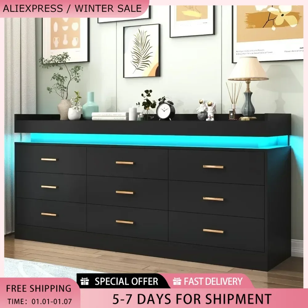 Modern Dresser 9 Drawer with LED Light,Wide Drawer Organizer Cabinet for Bedroom Living Room Chest  for Closet of Wood Drawers