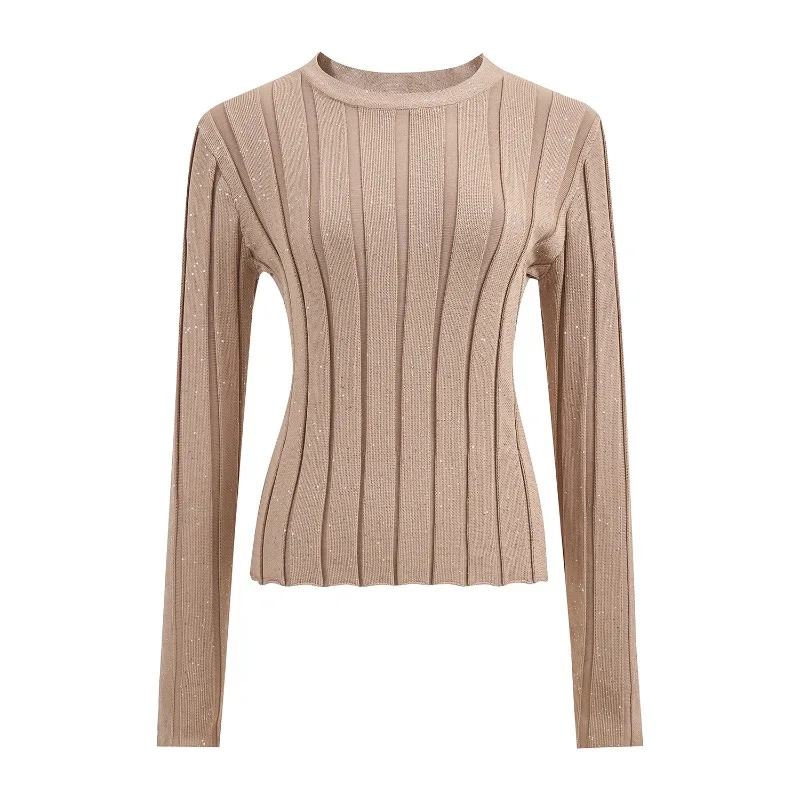 O-neck Stripe Knitted Top Sequin Slim Long Sleeves Black Pullover Sweater French Elegant Casual New Ladies Short Overcoats Fancy