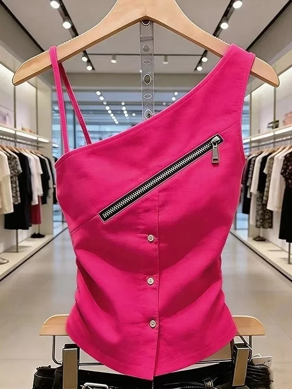 

Sexy Short Crop Top Women's Slim Fit Shoulder Baring Vest Zipper Strap Trendy Commuter Style Casual Breathable Summer Top
