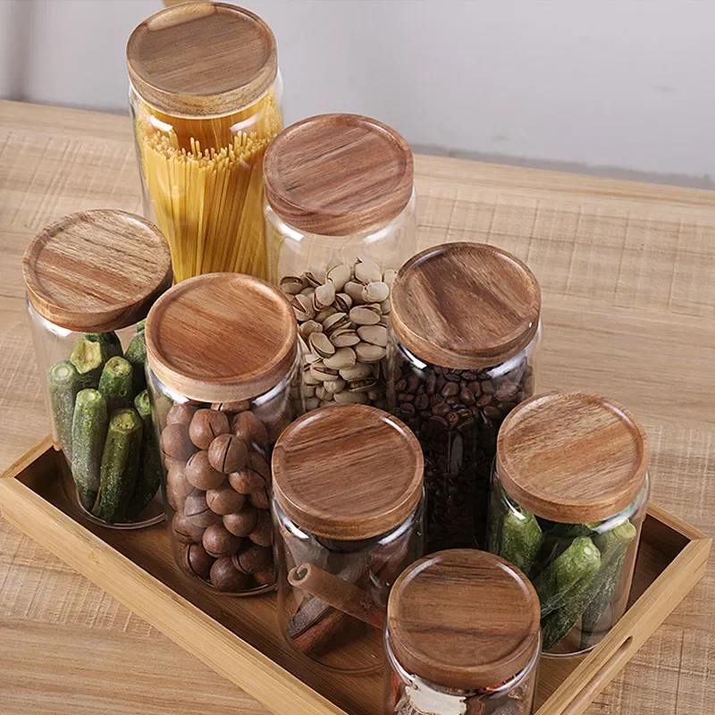 Wood Lid Glass Airtight Canister Kitchen Storage Bottles Jar Sealed Food Container Tea Coffee Beans Grains Candy Jars Containers