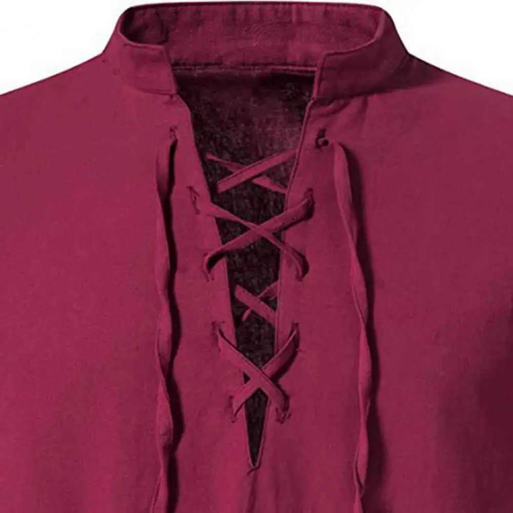 Spring Men Shirt Lace-up Strap Stand Collar Solid Color Long Sleeves Retro Casual Beach Style Pullover Mid Length Male Daily Top