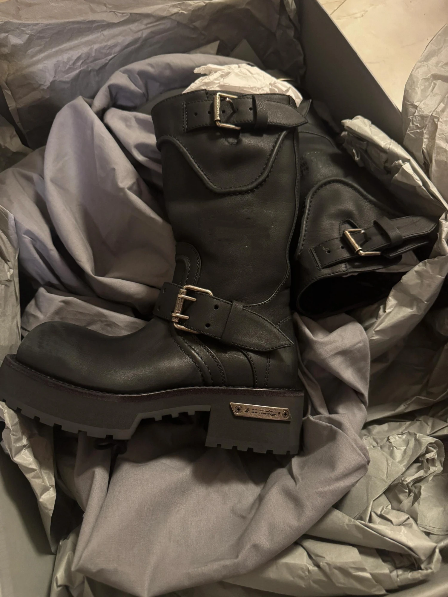 

k Retro Paris Motorcycle Boots ex Genuine Leather Strap Boots Toe Tipped Belt Bule Faion Mid-Calf Boots