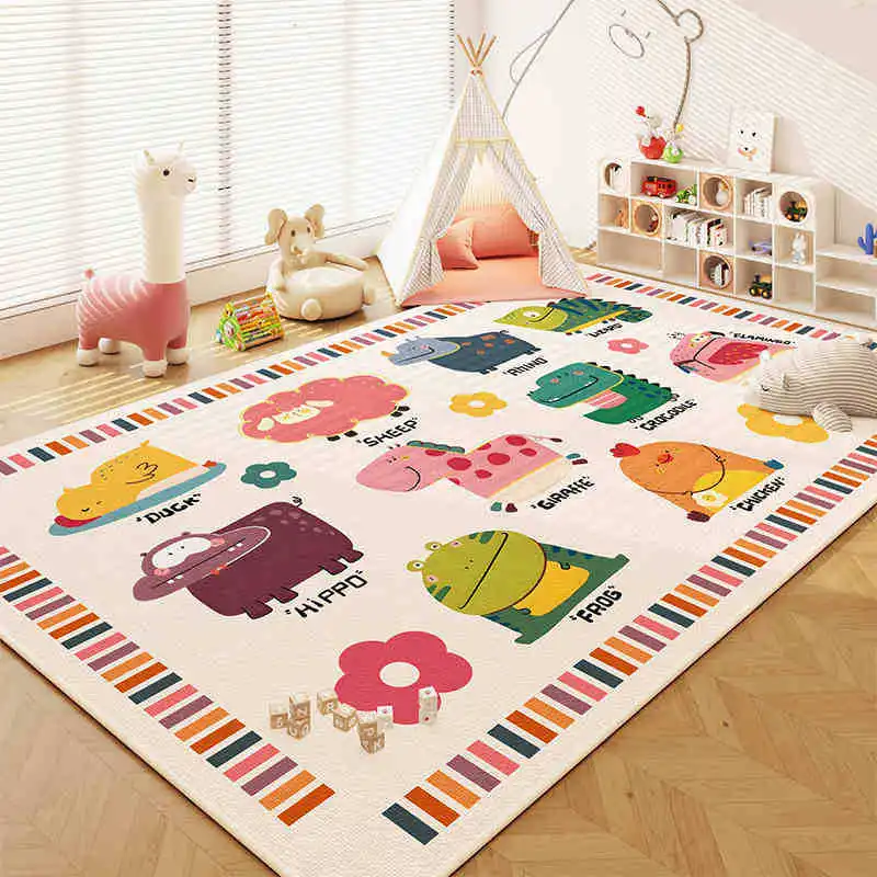 VIKAMA Flat Animal Kids Play Mat, Duck Sheep Hippo Frog Giraffe Educational Rug, Non Slip Washable Crystal Velvet Play Mat