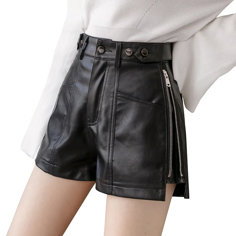 

Women's PU Faux Leather Shorts, High Waist, Wide Leg Pants, Side Zipper, Black, Autumn, Winter