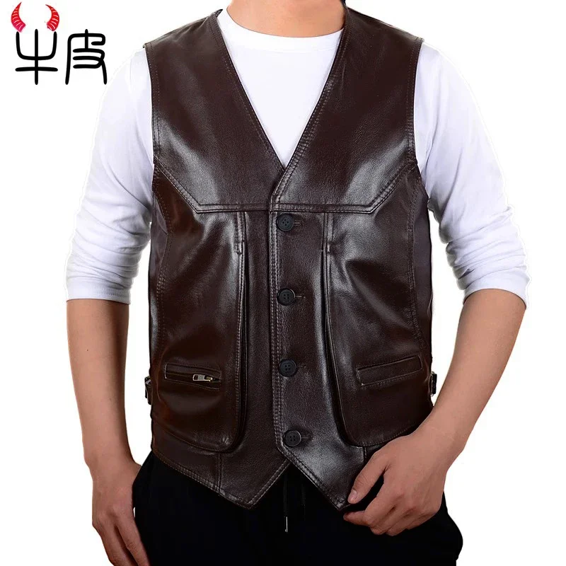 

2024 Men's First Layer Cowhide Single-Breasted V-neck Casual Business Casual Leather Vest