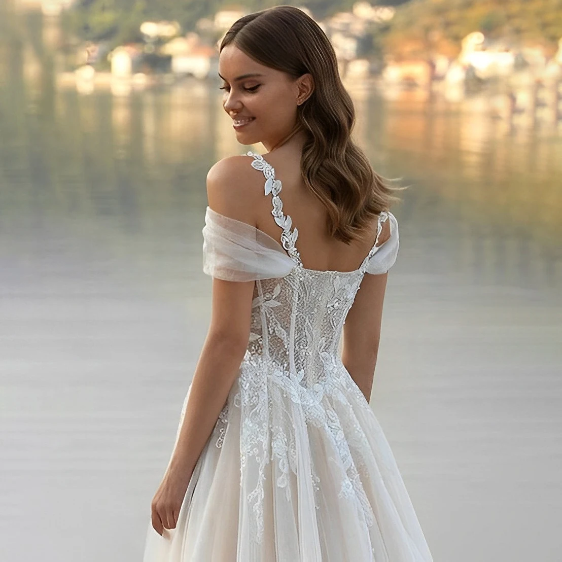 Vestido de novia de tul con lentejuelas brillantes, tirantes finos, cremallera, escote Corazón, hombros caídos, línea A, exquisito, talla grande