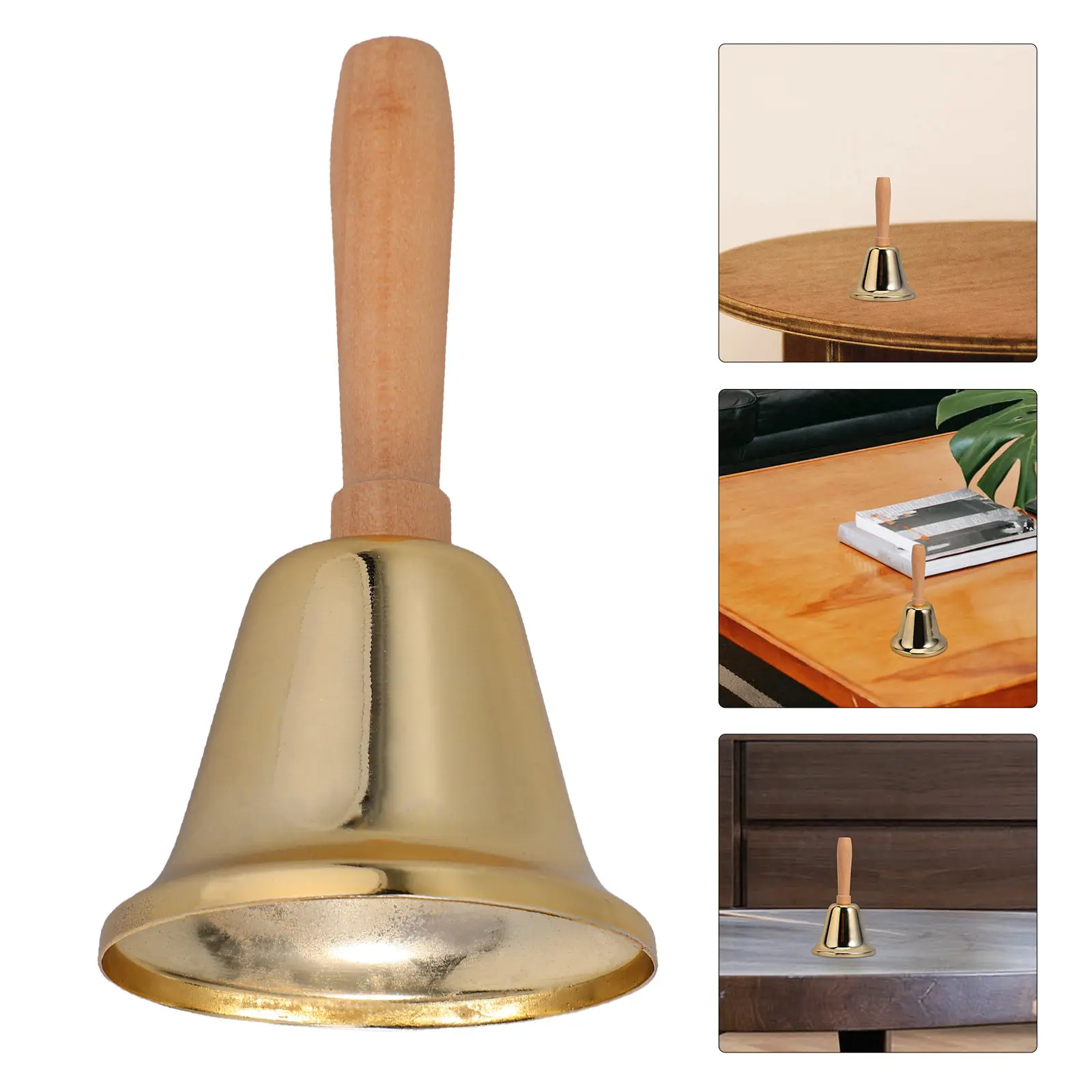 Cloche à main classique en fer avec manche en bois 11,6x6,3x6,3cm, son clair et fort pour les soins aux personnes âgées, l'enseignement, la signalisation, la réception